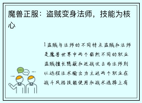 魔兽正服：盗贼变身法师，技能为核心